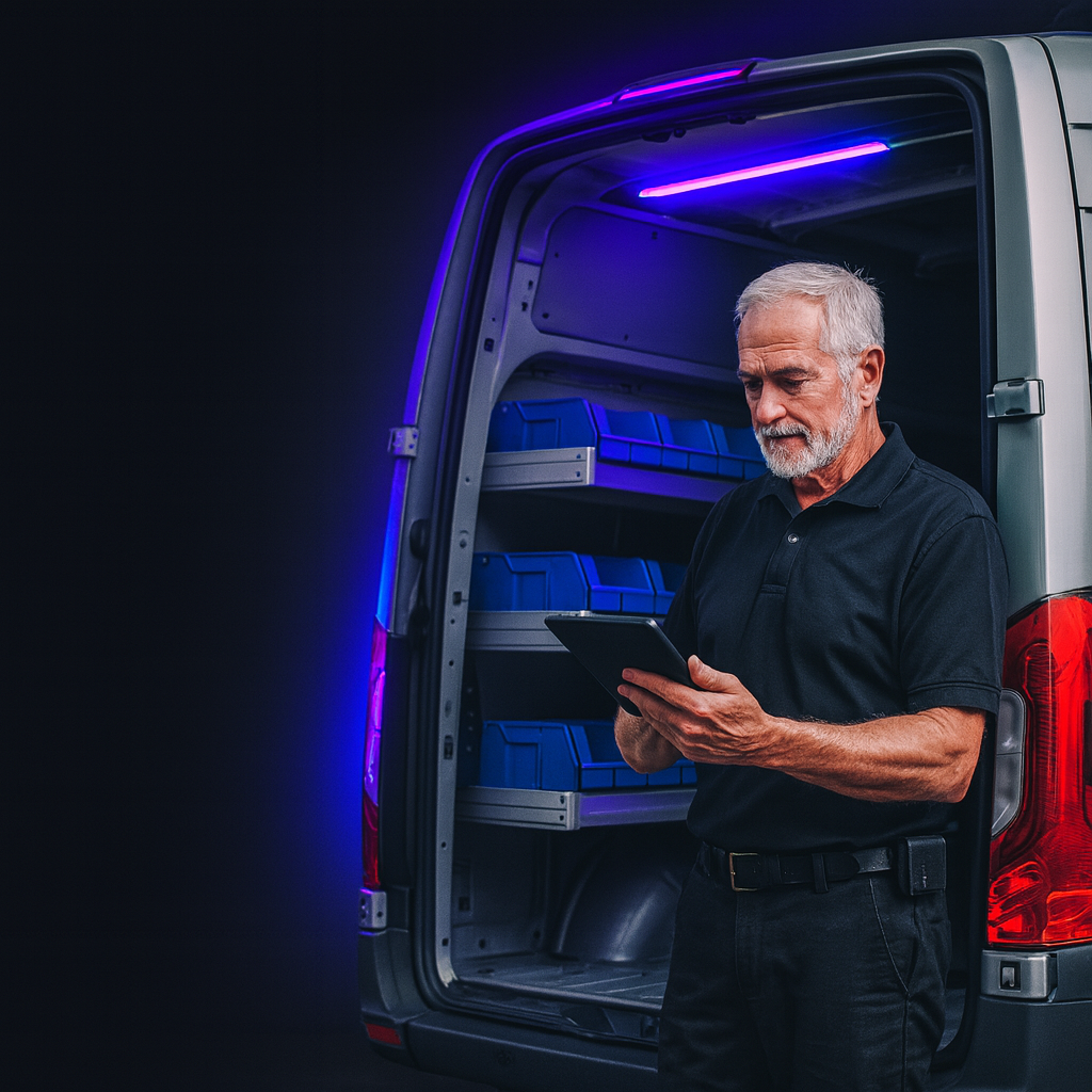Field technician checking a job on a tablet at the back of a service van